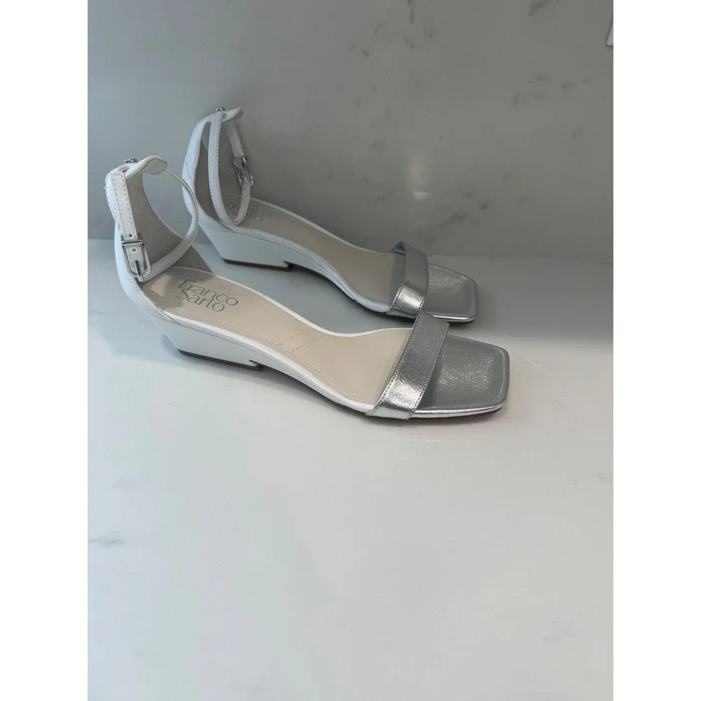 Franco Sarto Sadie Womens White Silver Metallic Wedge Sandal Square Toe Size 9M
